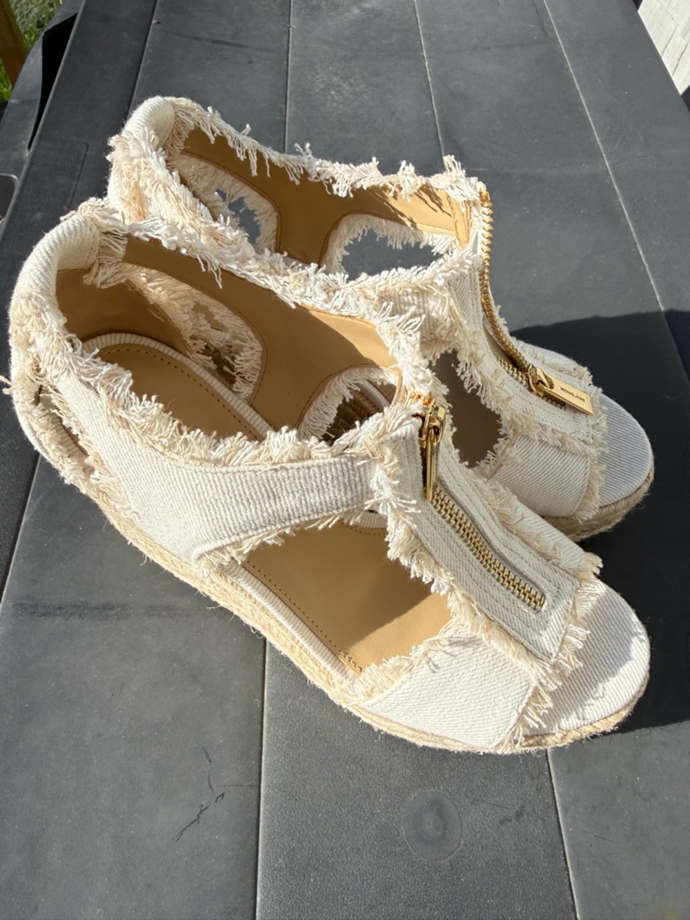 Michael Kors Cream Frayed Zip-Front Wedge Sandals - Picture 2 of 11